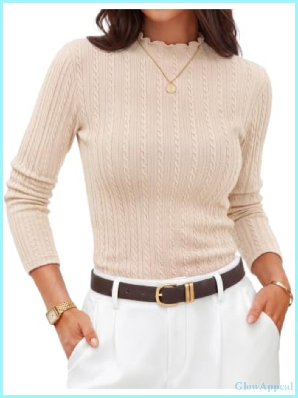Mock Neck Long Sleeve Slim Fit Cable Knit Top Business Casual